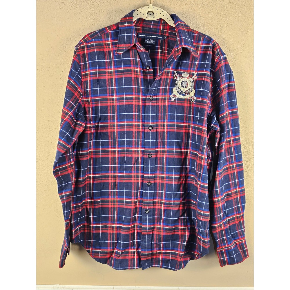 Ralph Lauren Sport Womens Navy Red Plaid Flannel Crest Long Sleeve Shirt 12